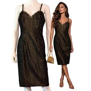 Vtg 80s Black Tie Beaded Metallic Cocktail Party Dress Size S Green Gold Midi